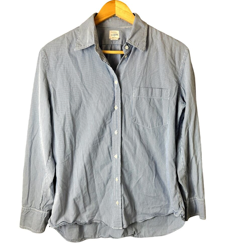 J.Crew Boyfriend Shirt Womens Button Up Striped Cotton Blue White Preppy Coastal